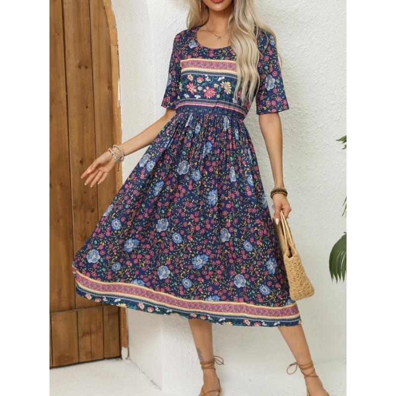 2024 Europe and America autumn ladies round neck short sleeve long skirt Bohemian print dress woman