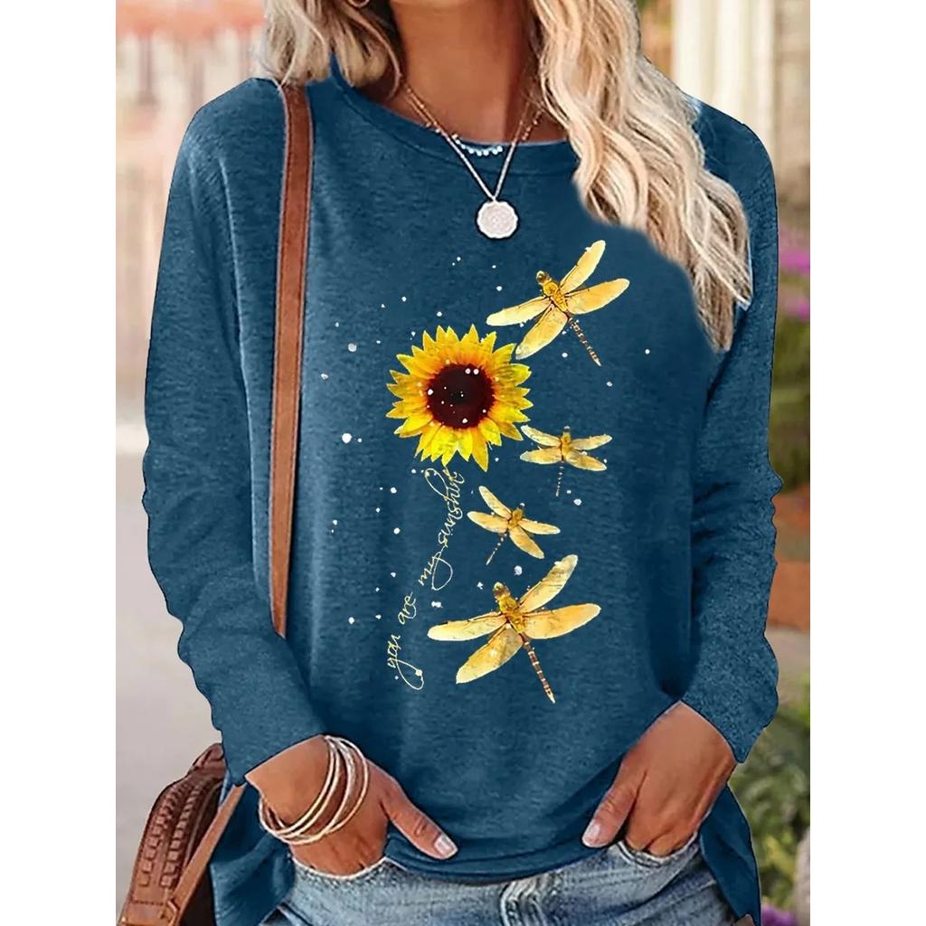 Round Neck 3D Printed Sunflower Pattern Top Fashionable Casual Long Sleeved Women's T-shirts