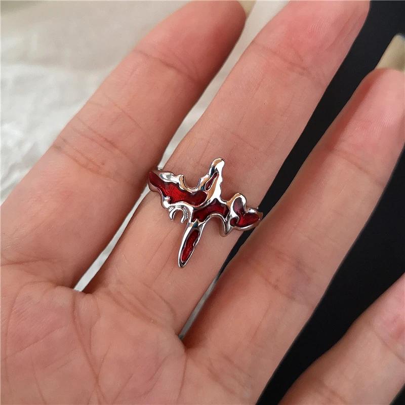 Goth Punk Retro Red Crystal Love Heart Cross Geometry Irregular Open Ring Set Y2K Halloween Accessories For Women  Jewelry