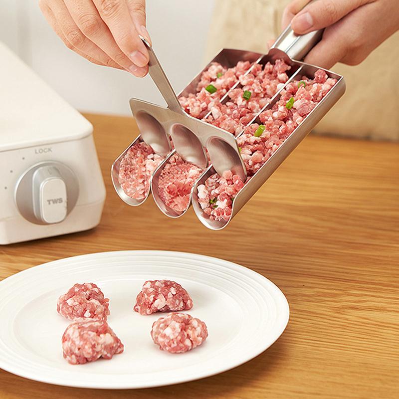 304 Edelstahl Fleischbällchenformer Dreifachrohr Lebensmittelballform mit Schöpflöffel Fischbällchen Garnelenpaste Form Reisbällchen Küchenwerkzeug Effizienter Fleischbällchenformer