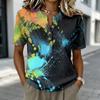 Damen Kurzarm Henley-Shirt Knopfleiste Leinen-Baumwollmischung Lässige Bedruckte Bluse Leichtes Sommeroberteil
