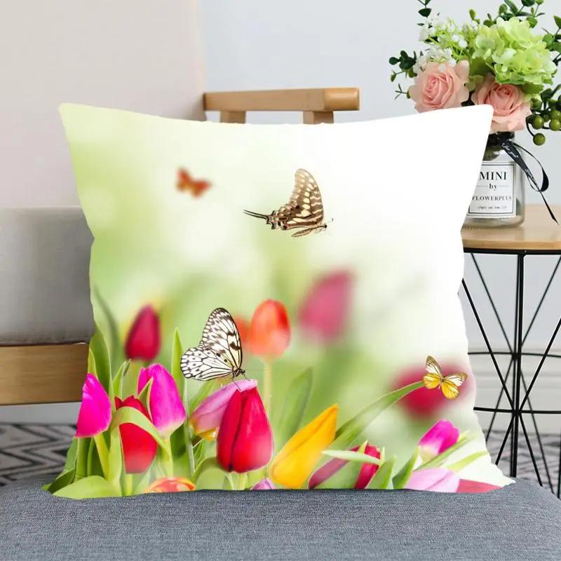 Tulip Flower Pillowcase Bedroom Home Office Decorative Square