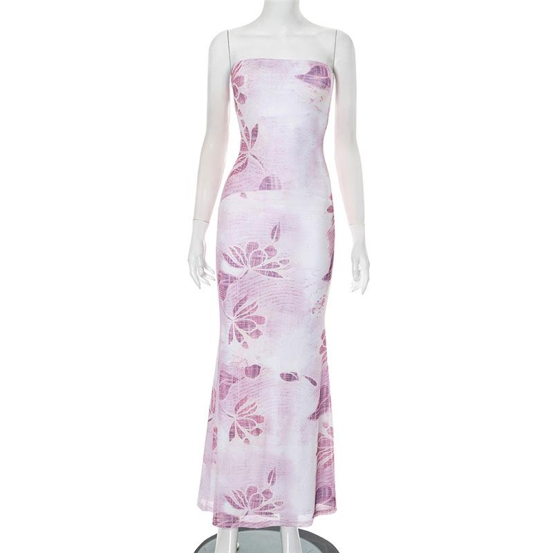 European and American women's clothing sleeveless splicing contrasting color printing slim-fitting hip-wrapped tube top dress