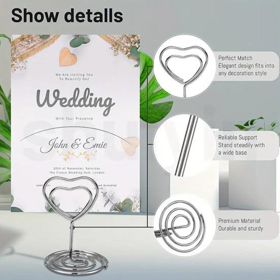 10/15/20Pcs Table Number Holder Stand Heart Shape Spiral Base Memo Photo Card Place Stand Wedding Party Decor