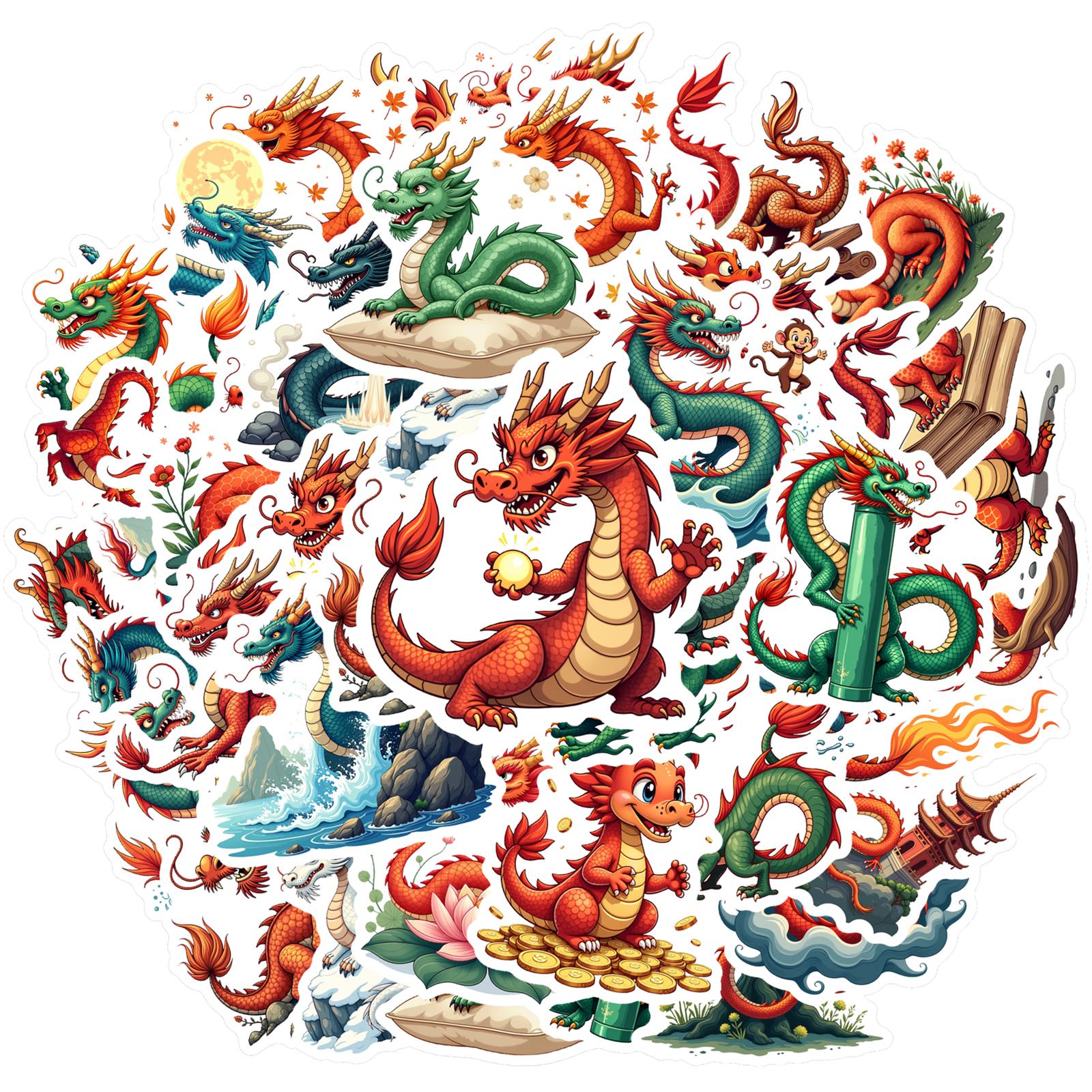 35pcs-50pcs Mythical Oriental Stickers Cartoon Dragon Stationery Stickers Animal Stickers For DIY Phone Guitar Laptop Notebook