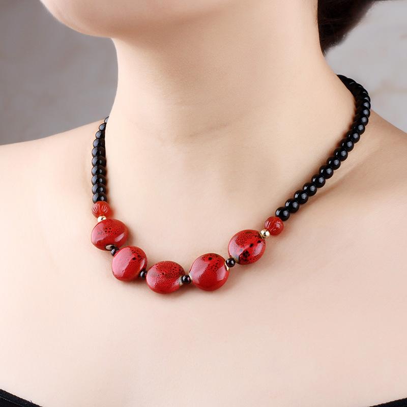 GEMCHIC Women s Ethnic Style Red Ceramic Bead Necklace Short Choker Statement Jewelry