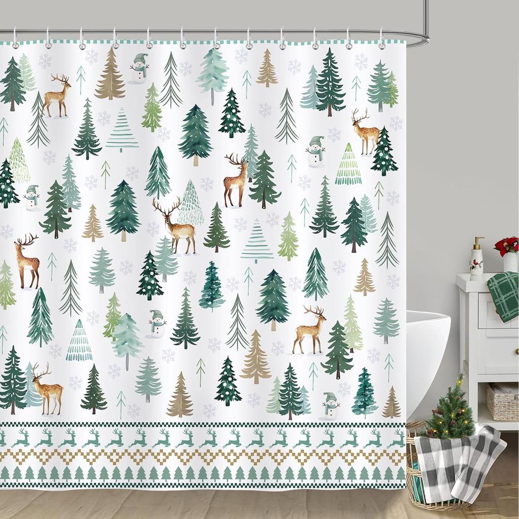 Christmas Shower Curtain, Pine Tree Reindeer Snowflake Winter Holiday Bathroom Decor Polyester Fabric Waterproof Bath
