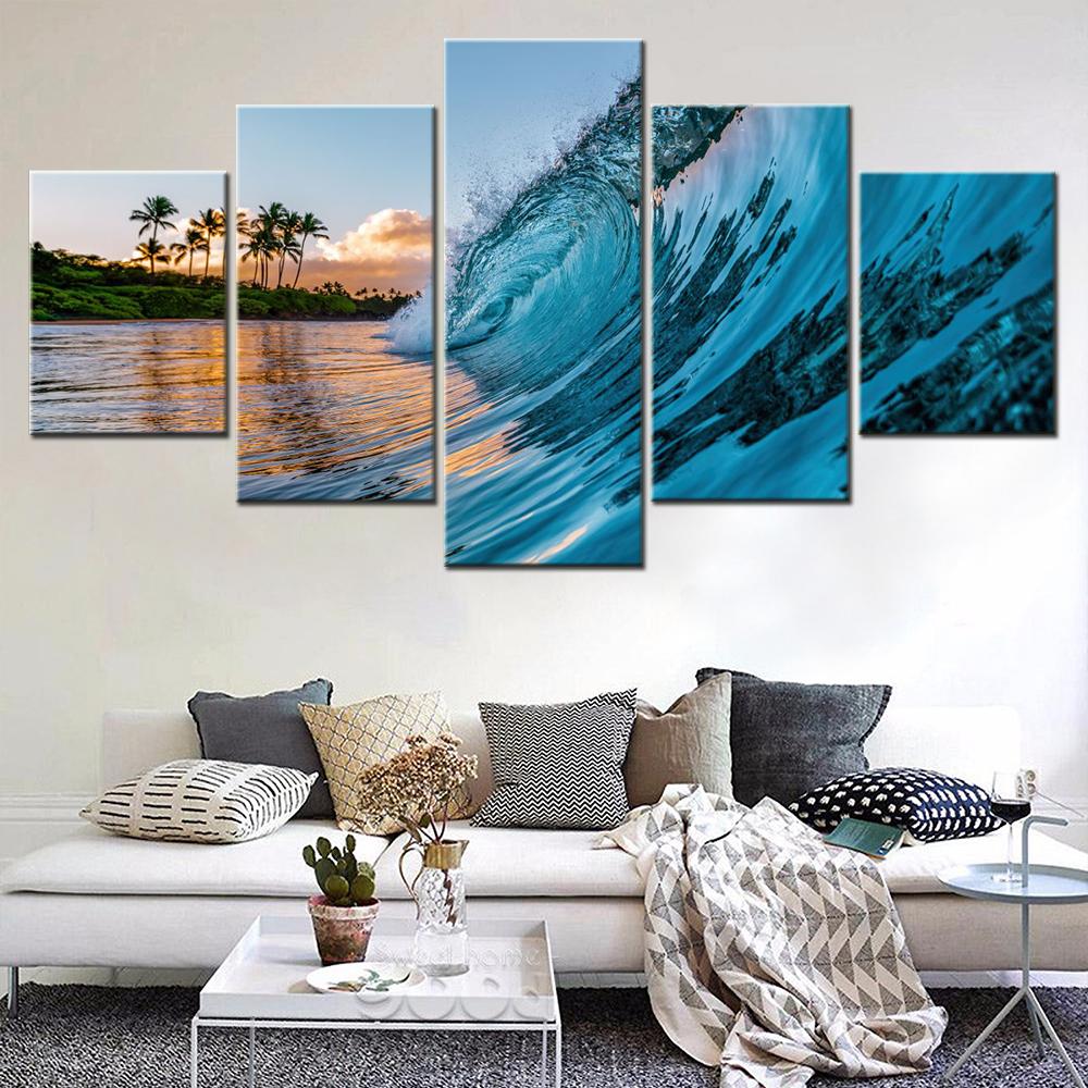 5 Pieces Canvas Artwork Interior Poster Painting Nature Ocean Waves Palm Trees Wallpaper Home Decor Modular Picture Print No Frame