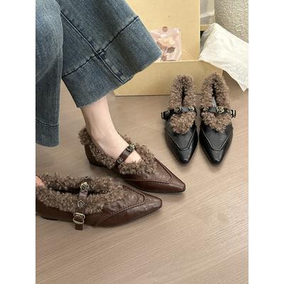Een halve eeuw camelia! Retro puntige splicing binnenhoogteverhoging Mary Jane schoenen dames herfst en winter pluche enkele schoenen