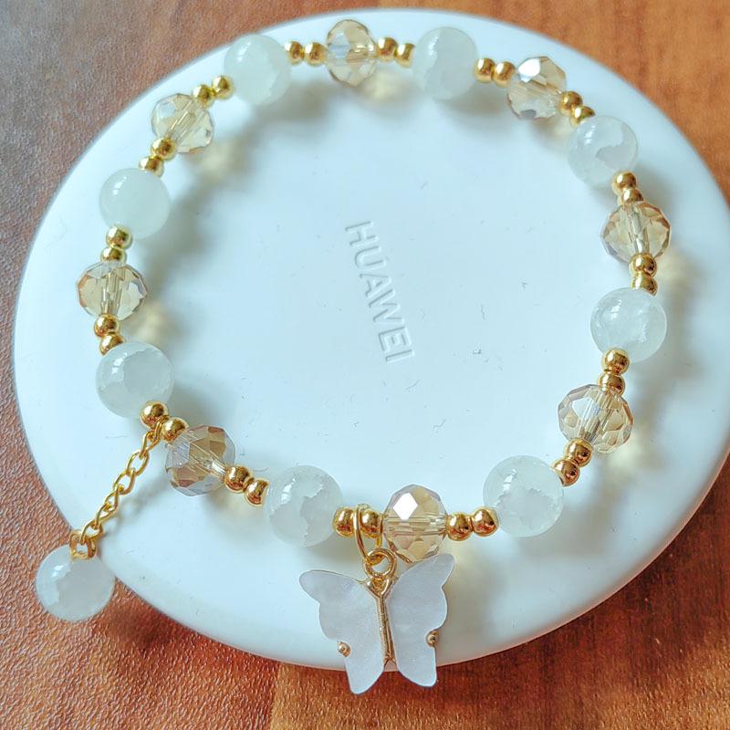 New Sweet Fashion Butterfly Pendant Tassel Imitation Jade Cracked Crystal Elastic Beaded Bracelet for Women Girl Zircon Gifts
