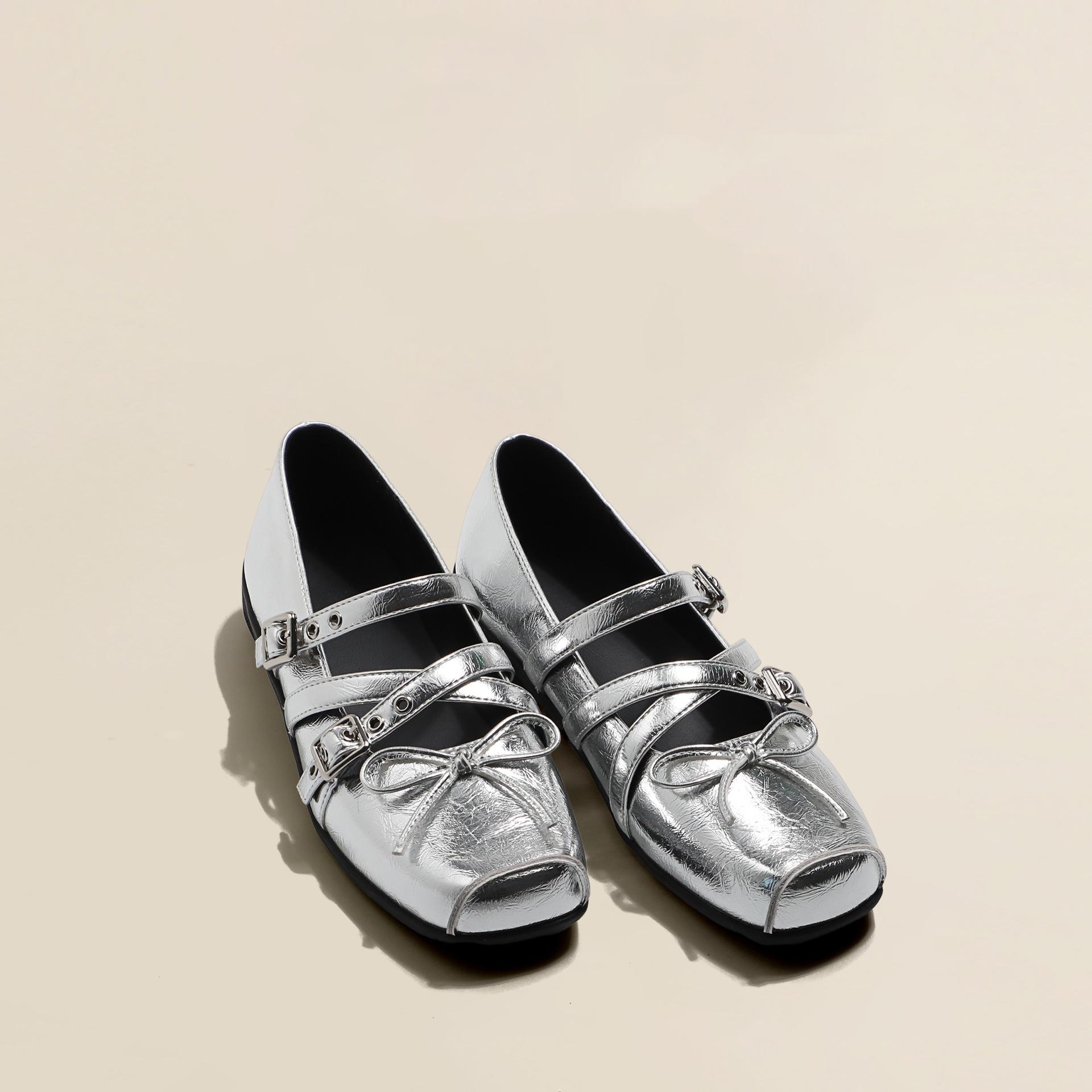 

Soft leather version~ Square head ballet Mary Jane 2025 summer new soft-soled light mouth red small leather shoes Doudou single shoes 40 серебряный