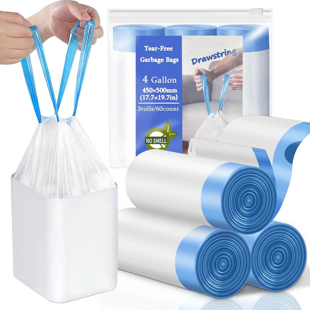 4 Gallon Durable Drawstring Trash Bags - Thick, Tear-Resistant, Large Size for Household Use