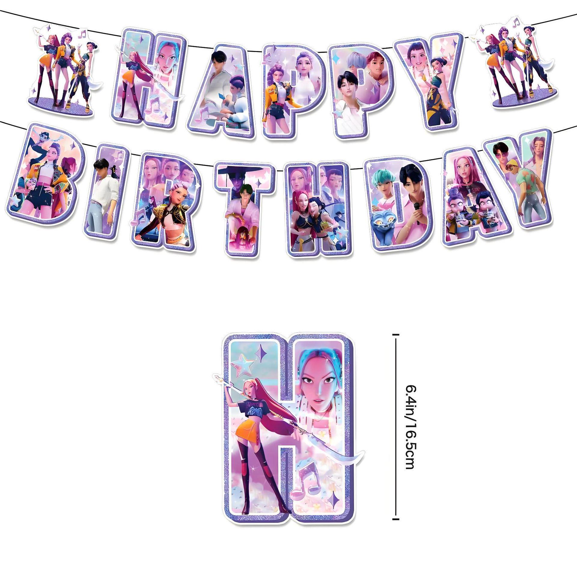 Demon Hunter Themed Birthday Party Set: Banners, Flags, Cake Toppers, Balloons, K-pop Decor