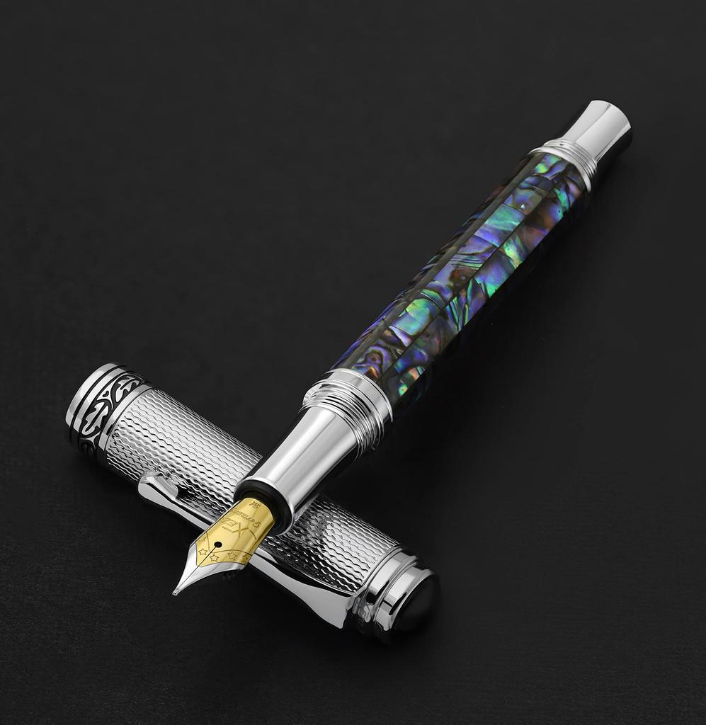 Xezo Maestro Fountain Medium Paua Chrome Limited Serial Numbered Pen, Nib, Shell, Plated, Handmade, Edition,