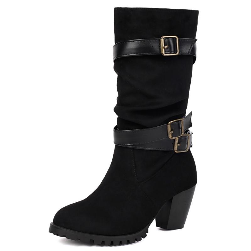

Модные плиссированные полусапоги Женская мода 2025 Зима Пряжка Вестерн PU Унисекс Сапоги для верховой езды Удобная обувь на низком каблуке Большой размер 48