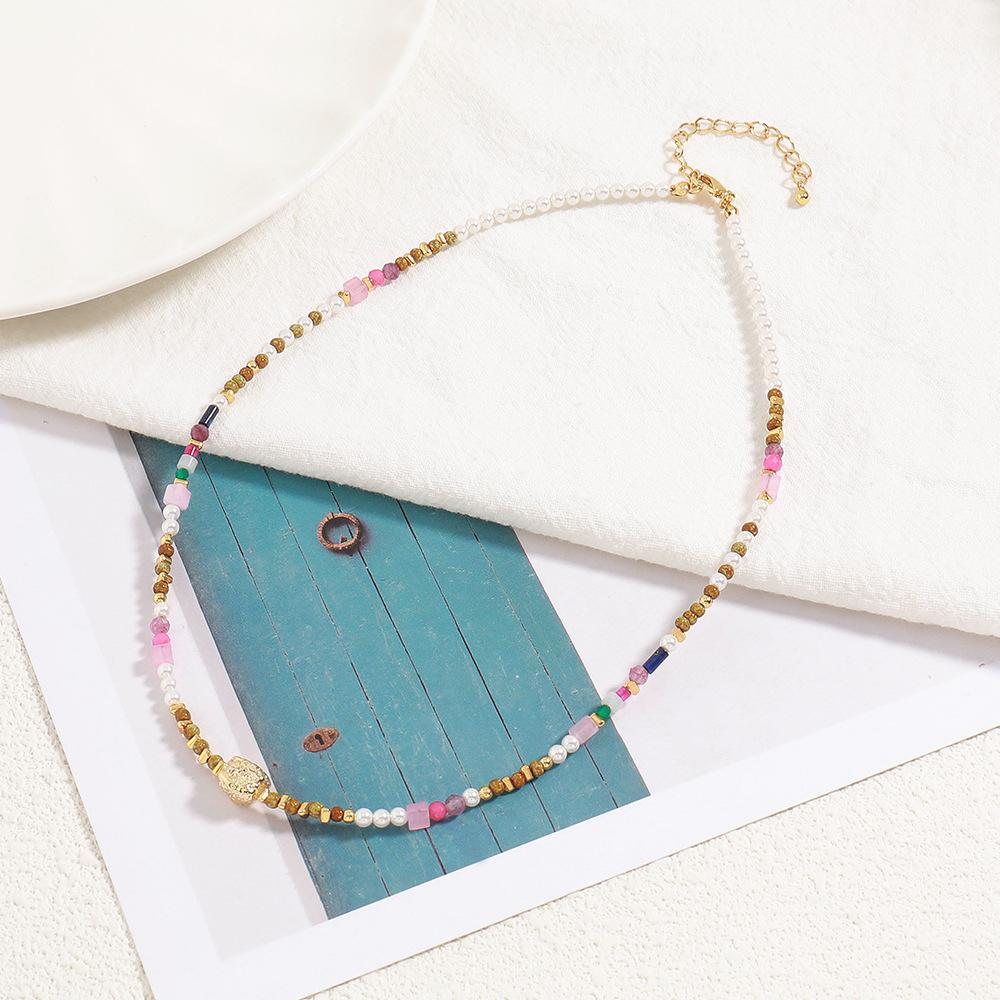 GEMCHIC Women's Colorful Natural Stone Beaded Necklace, Irregular Handmade Geometric Pendant Chain for Summer Vacation