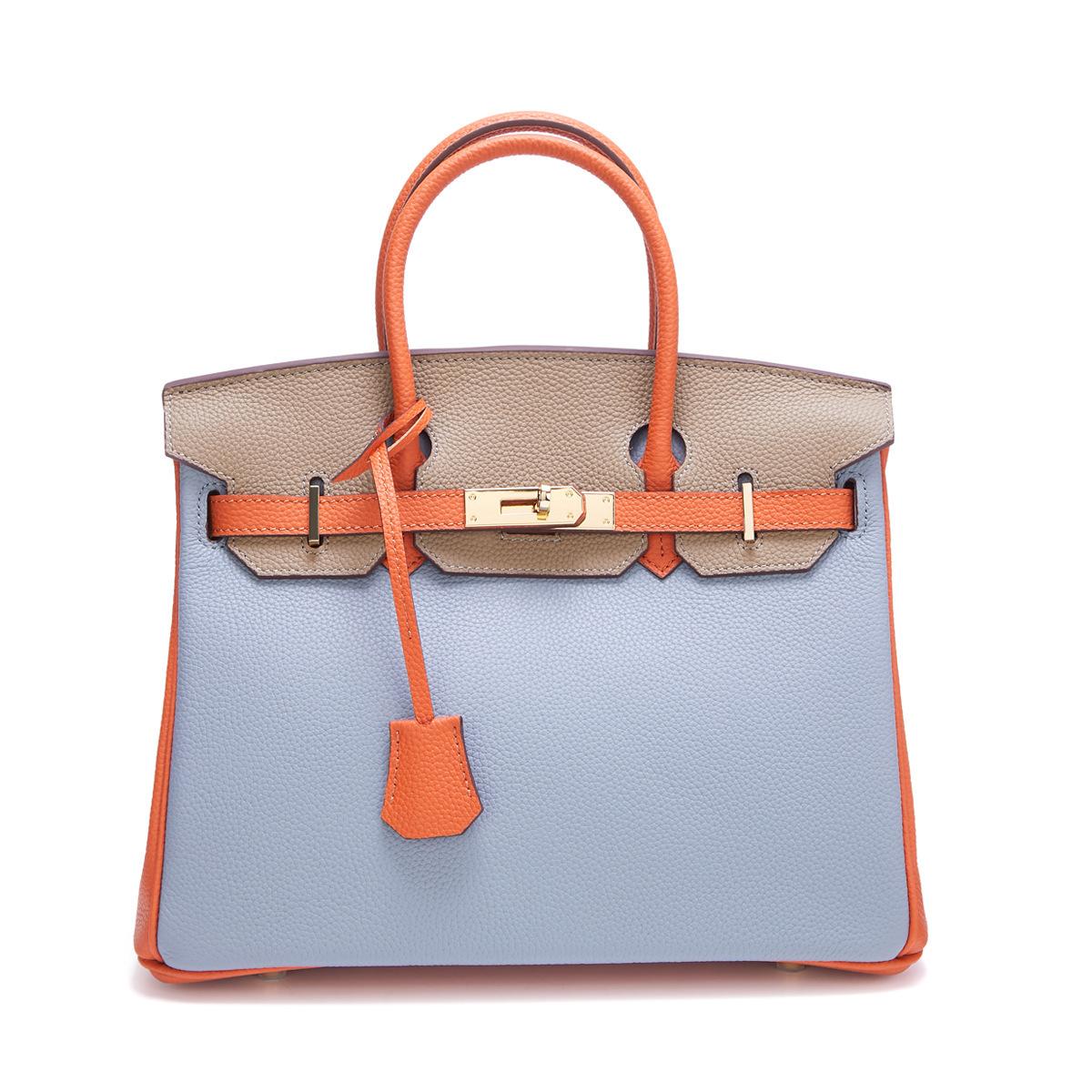 

Cross-border foreign trade first layer lychee pattern matching platinum bag cowhide contrasting leather large capacity shoulder crossbody handbag 25x14x19cm