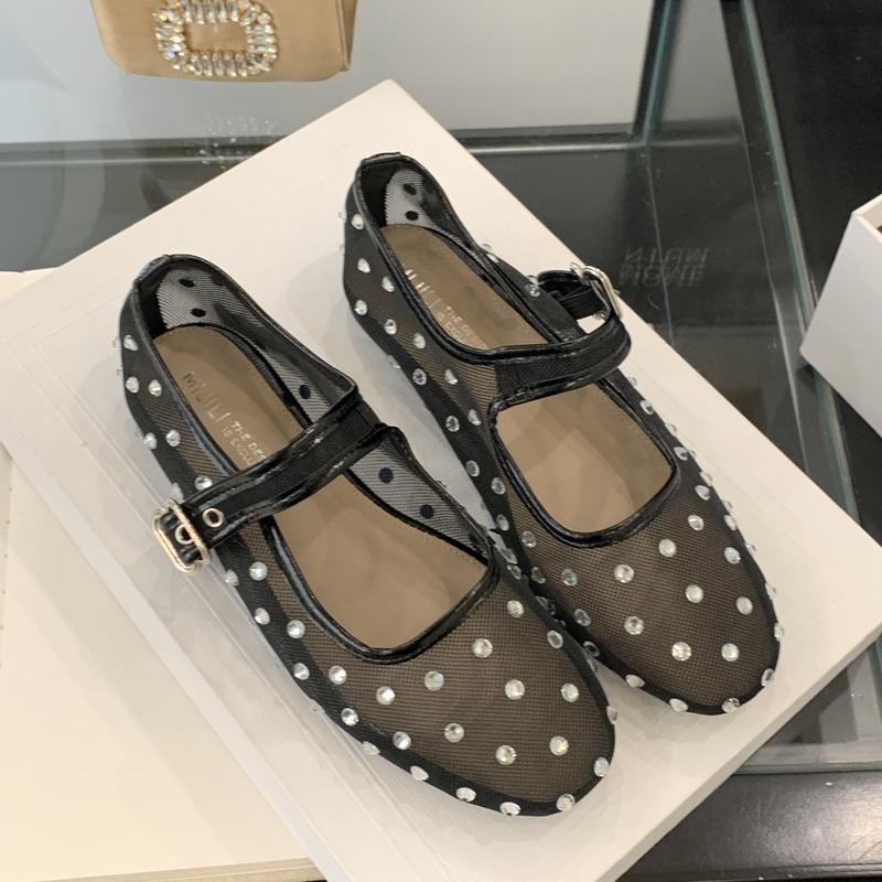 Fashion SUOJIALUN 2025 Autumn Women Flat Shoes Fashion Mesh Crystal Ladies Elegant Mary Jane Ballet Shoes Soft Flat Heel Dress Single Sh