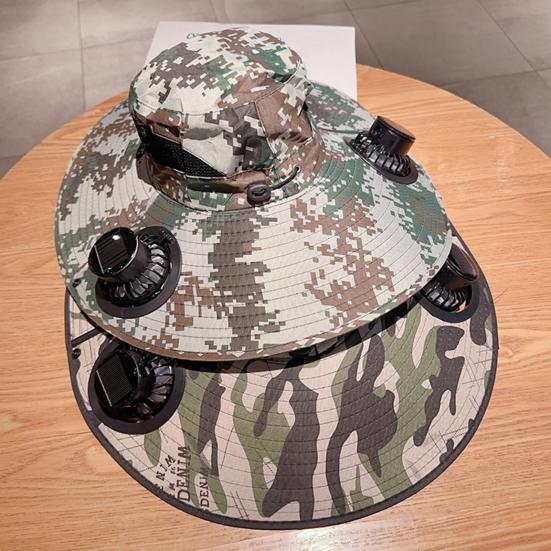 Fisherman Hat with 2 Adjustable Solar Fans Lightweight Breathable Wide Brim Solar Powered Fan Hat Outdoor Sun Protection Cap