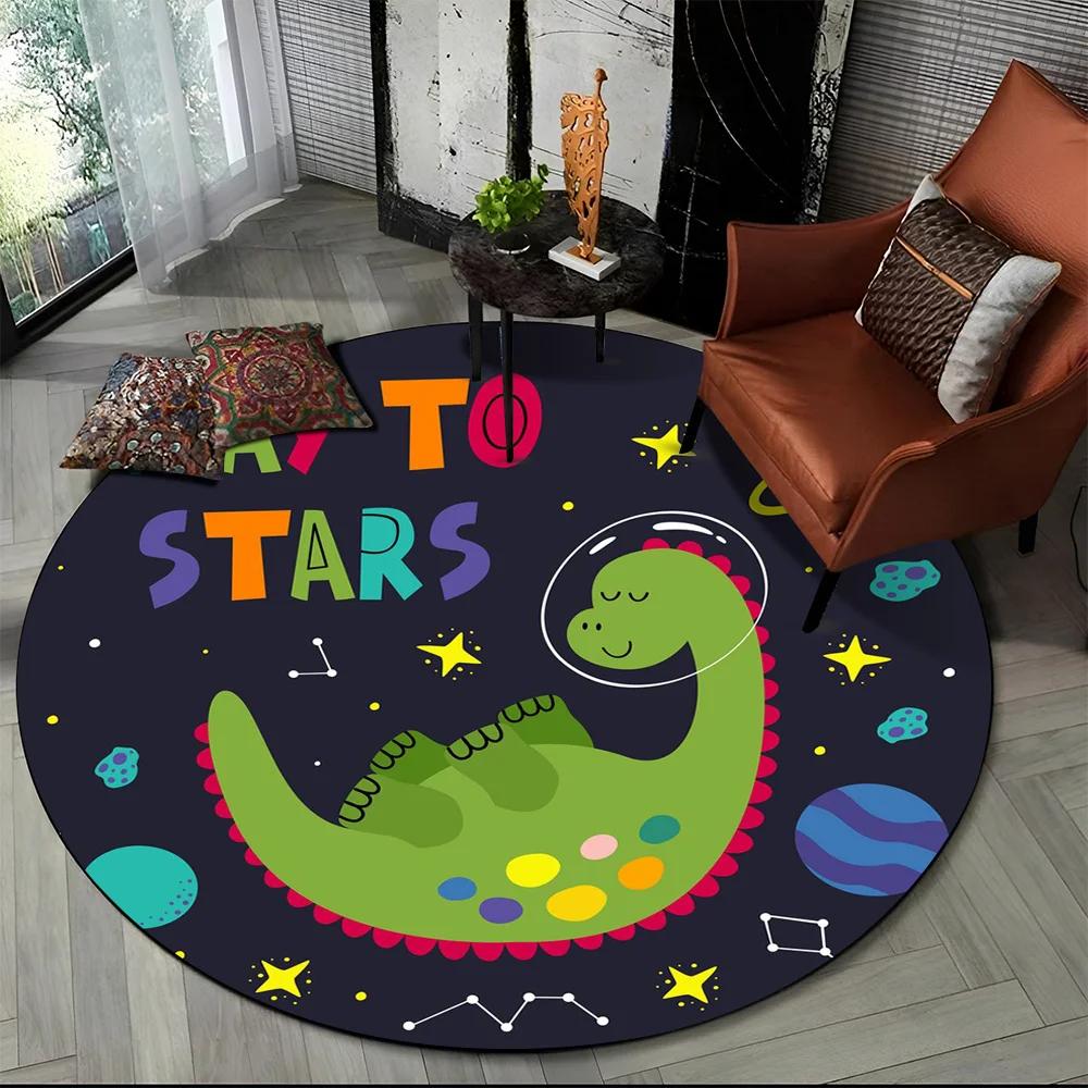 Cartoon Dinosaur Space Cute Dino Children Area Rug,Round Carpet for Living Room Bedroom Sofa Decoration,Kids Non-slip Floor Mat