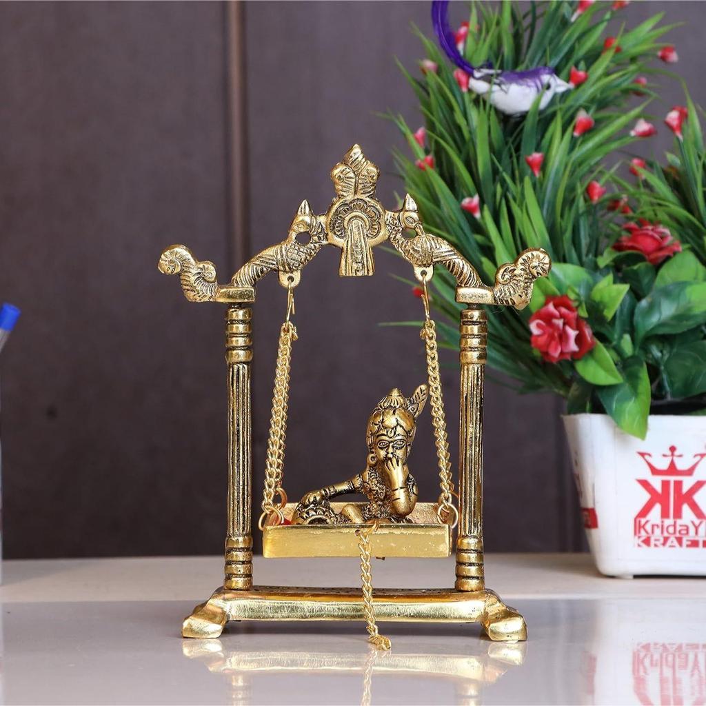 Laddu Gopal On Jhulla Palana Metal Statue Gold Plated Decor Your Home,Office Metal Krishna Murti,Showpiece Figurines,Religious Idol Gift Article.