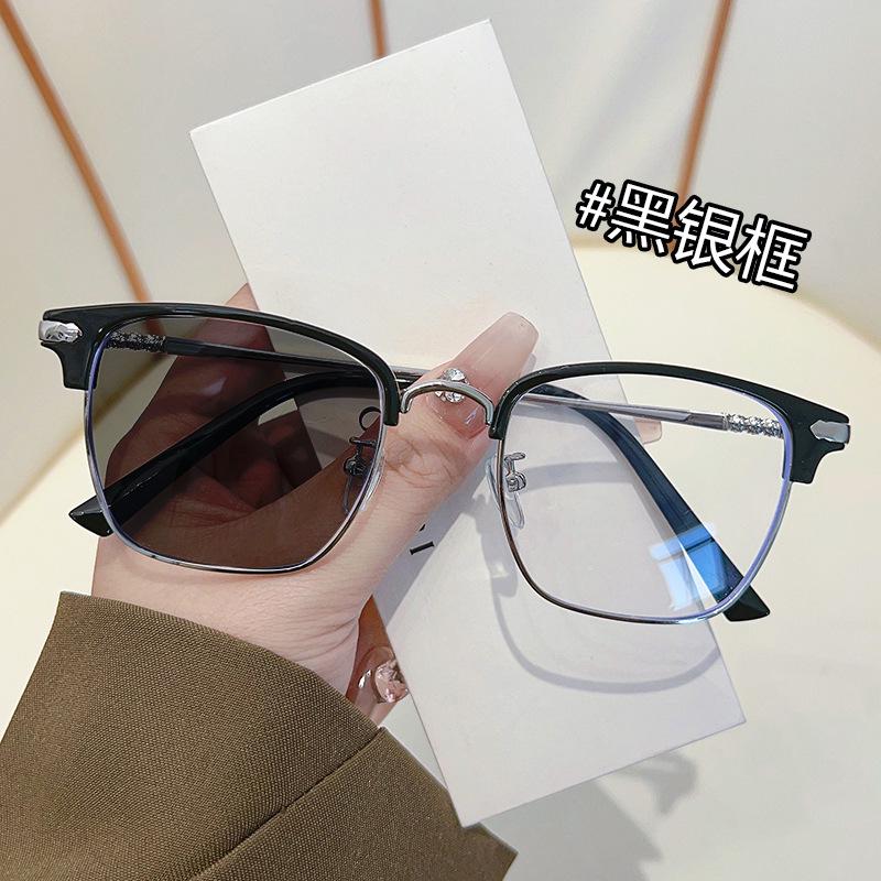 821 Stylish Photochromic Myopia Glasses: Half-Rim, Anti-Blue Light, Color-Changing to Gray for Tech-Savvy Men