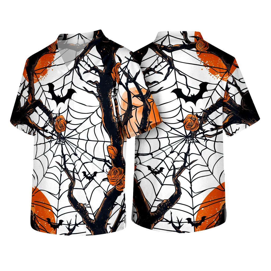 Men's Short Sleeve V Neck Halloween Print Medical Scrub Top with Chest Pocket Suitable for Healthcare Professionals and Caregivers