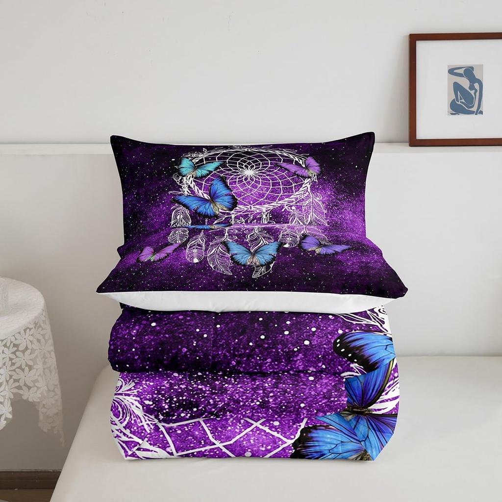 Butterfly Dream Catcher Comforter Set for Kids Teens Girls, Mandala Feather Bedding Down Comforter Twin Size, Bohemian Duvet Insert, Galaxy