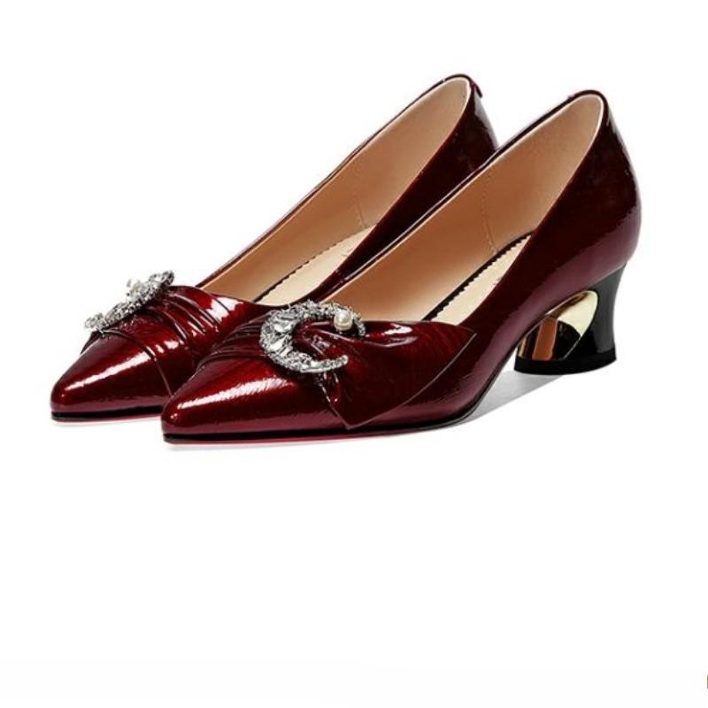 Women's Chunky Heel Pumps, New Spring/Fall Collection, Red Pointed-Toe Leather Shoes, Plus Size Mid-Heel Soft Leather Women's Shoes