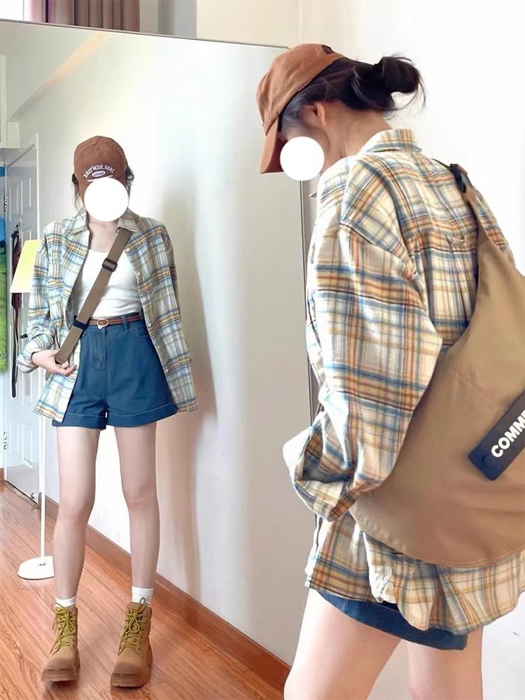 Plaid shirt women's spring and autumn new design sense niche outer wear sunscreen shirt high sense long sleeve top coat