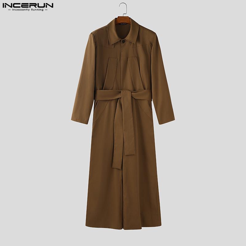 INCERUN Autumn Men Lapel Neck Long Sleeve Belt Waist Jumpsuits Casual Long Rompers
