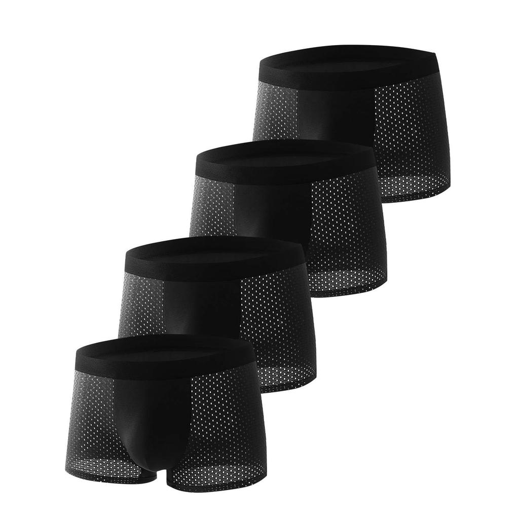Men's Black Ice Silk Mid-Waist Breathable Mesh Boxer Briefs