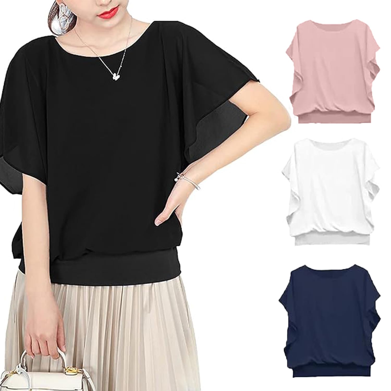 

Chiffon new short sleeve voluminous for summer [ANCHRI] tops, shirts, 2024, fabric, wrinkle-resistant, women s blouse, sleeves, fluffy, U-neck, чёрный