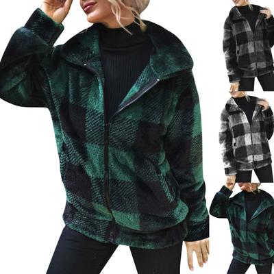 Women's Casual Plaid Medium Long Zipper Double Sided Plush Long Sleeved Jacket  Jacket