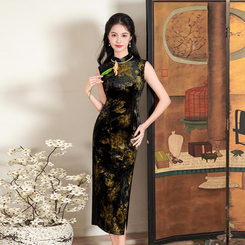 Black velvet sleeveless national style Suzhou long autumn qipao, improved youthful style, sophisticated for women, spring-autumn