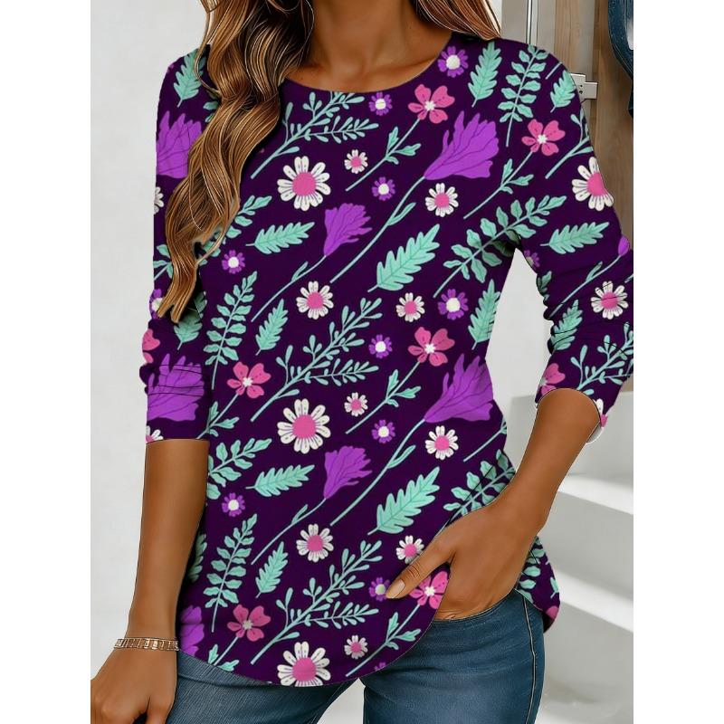 Women's purple floral print long-sleeved loose-fitting round neck top, casual everyday style with an elegant design.