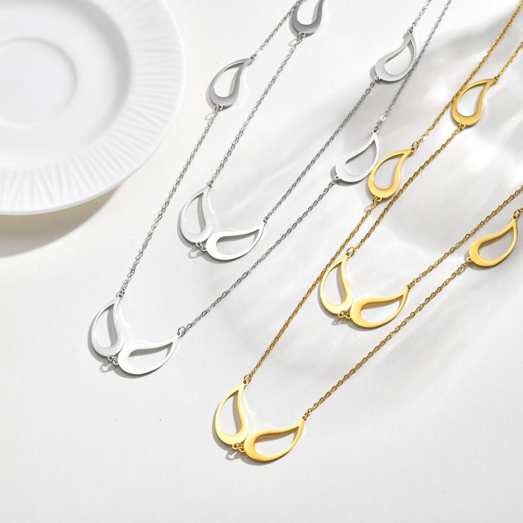 Women's Double Layer Necklace Long Chain Stainless Steel Hollow Teardrop Pendant Silver Color Layered Jewelry