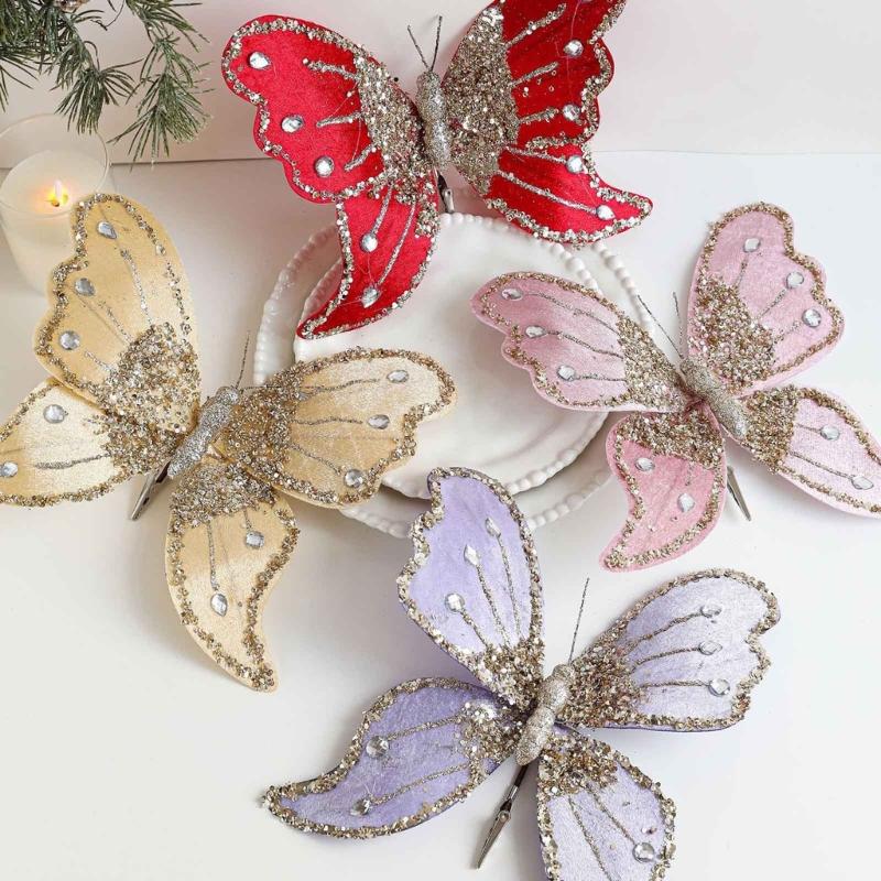 Bruchfeste Samt Schmetterlingsdekorationen für Weihnachtsbaum 25 cm Glitzernde Flügel Innen Außen Festival Partyzubehör