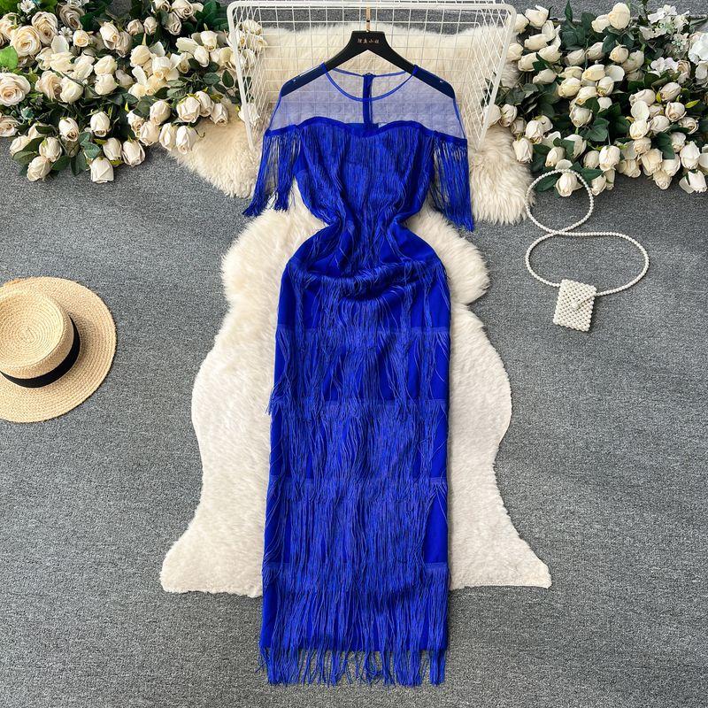 

Classy Women s Clothing Fall 2023 New Arrival Light Luxury Minority Formal Dress Sheer Mesh Stitching Tassel Dress Women Blue 4XL