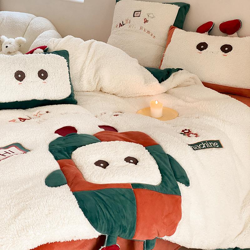 Winter Cartoon Cute Style Double-sided Buvet Cover Thickened Lamb Fleece Four Piece Set Coral fleece Duvet Cover Plush Bedding