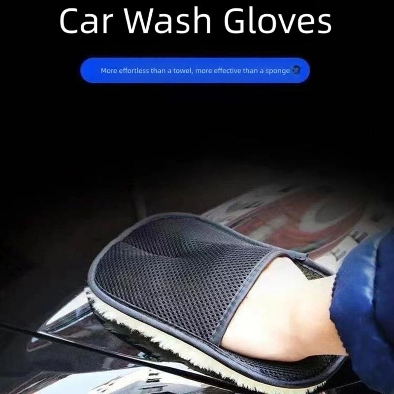 Double Layer Wool Blend Vehicle Wash Mitts Superior Dust Absorption Ergonomic Design Safe For Paint Glass Trim