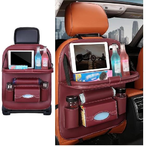 Car Seat Back Organizer, Leather Vehicle Seatback Storage Pocket With Foldable Table Tray, Multifunctional Automotive Backseat Protectors Kick Mats