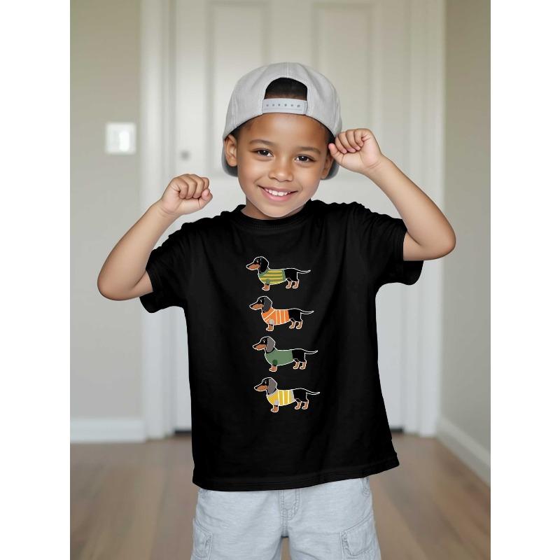 European Size Boys Round-neck Short-sleeved T-shirt with Four Dachshund Pattern Prints
