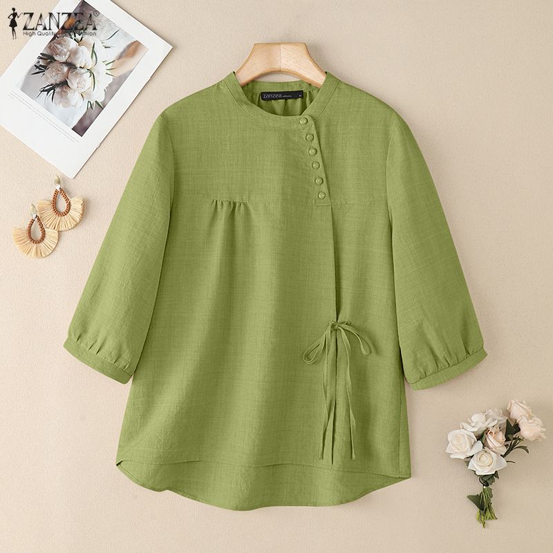 ZANZEA Women Summer Casual Round Neck Half Sleeve Side Lace-up Irregular Blouse