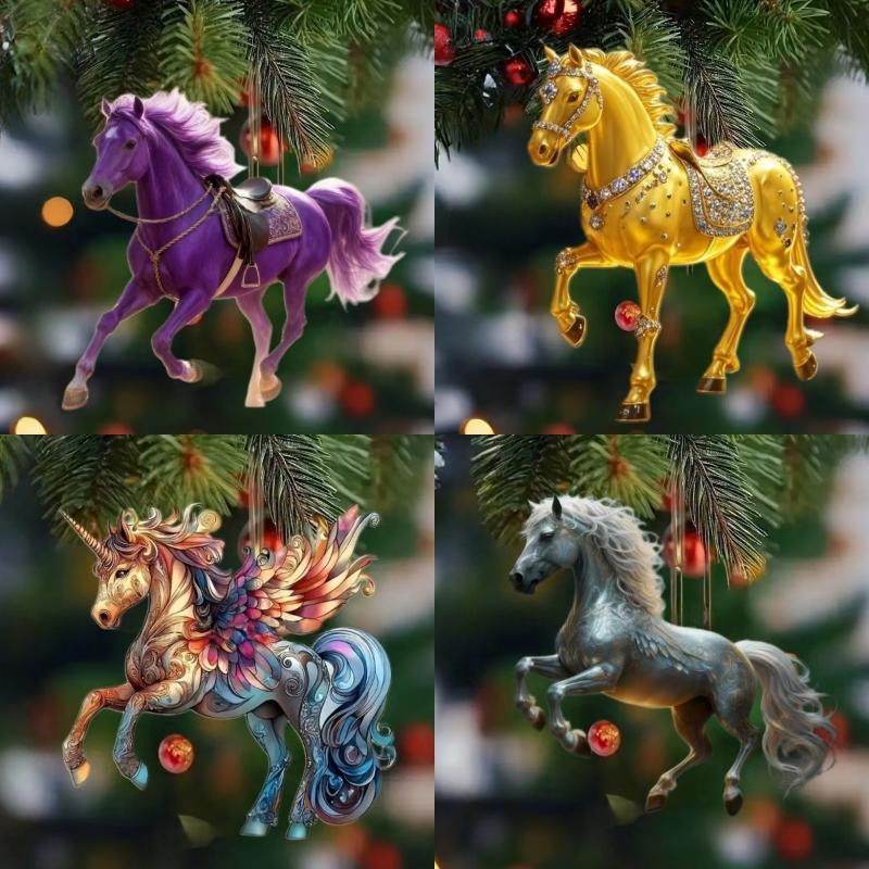 Exquisite 2D Acrylic Horse Car Rearview Mirror Pendant Backpack Charm Christmas Tree Ornament Party New Year Hanging Decoration