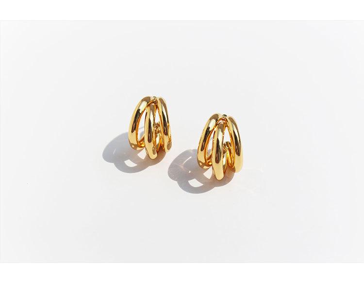 Real Gold-Plated Copper Crazy Sister Classic Three-Tube Earrings: Women's C-Shaped Hoop Silver Needle 300