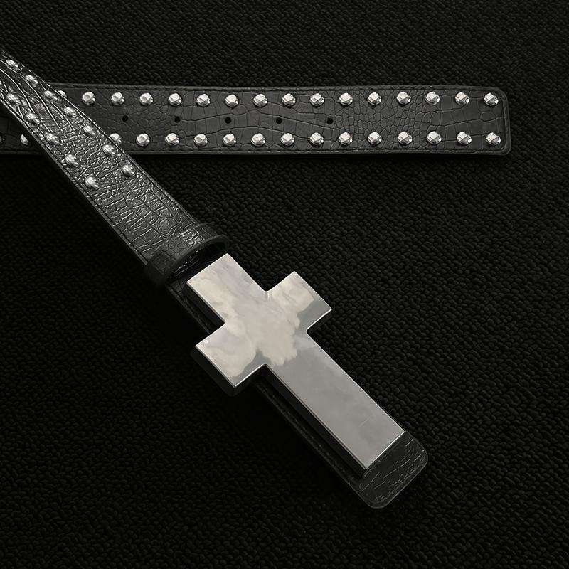 Crackle-Patterned Studded Metal Cross Belt Subculture Gothic Punk Dark-Style Outfit Accessory OneSize
