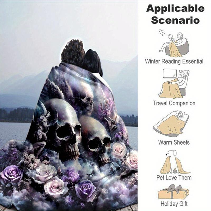 1pc Skulls Angels and Roses Blanket, Soft for Couch Bed Sofa, Living Room, Travel, Camping, Car Blankets