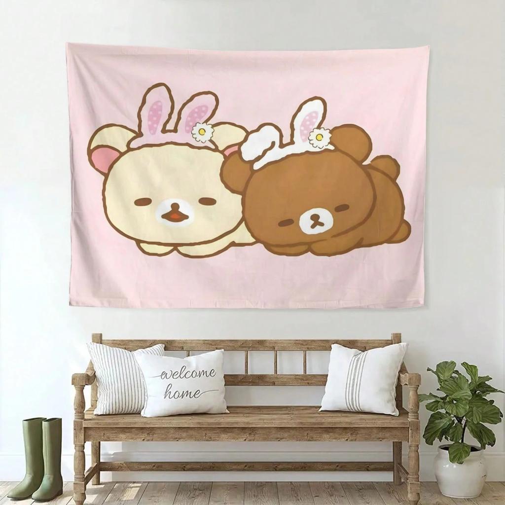 1pc Kawaii Bear Wall Hanging Polyester 2D Flat Print for Bedroom Nursery Bunny Ear Daisy Design Gift for Kawaii Lovers