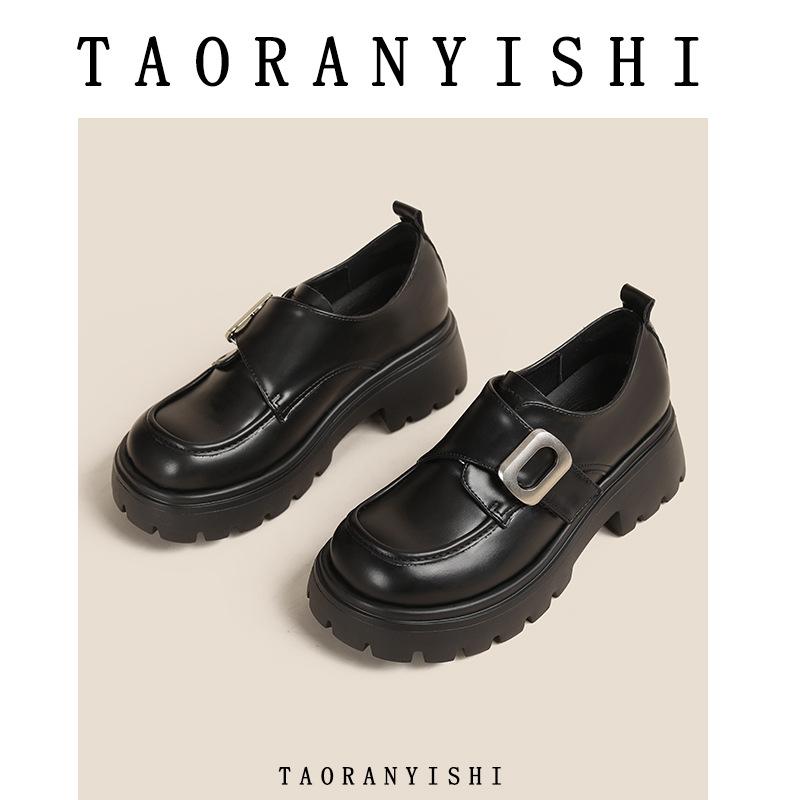 

ОнаII см маленькая круглая пряжка с толстой подошвой-маффином, внутренняя танкетка, лоферы, одинарная обувь, женская маленькая кожаная обувь 34 чёрный